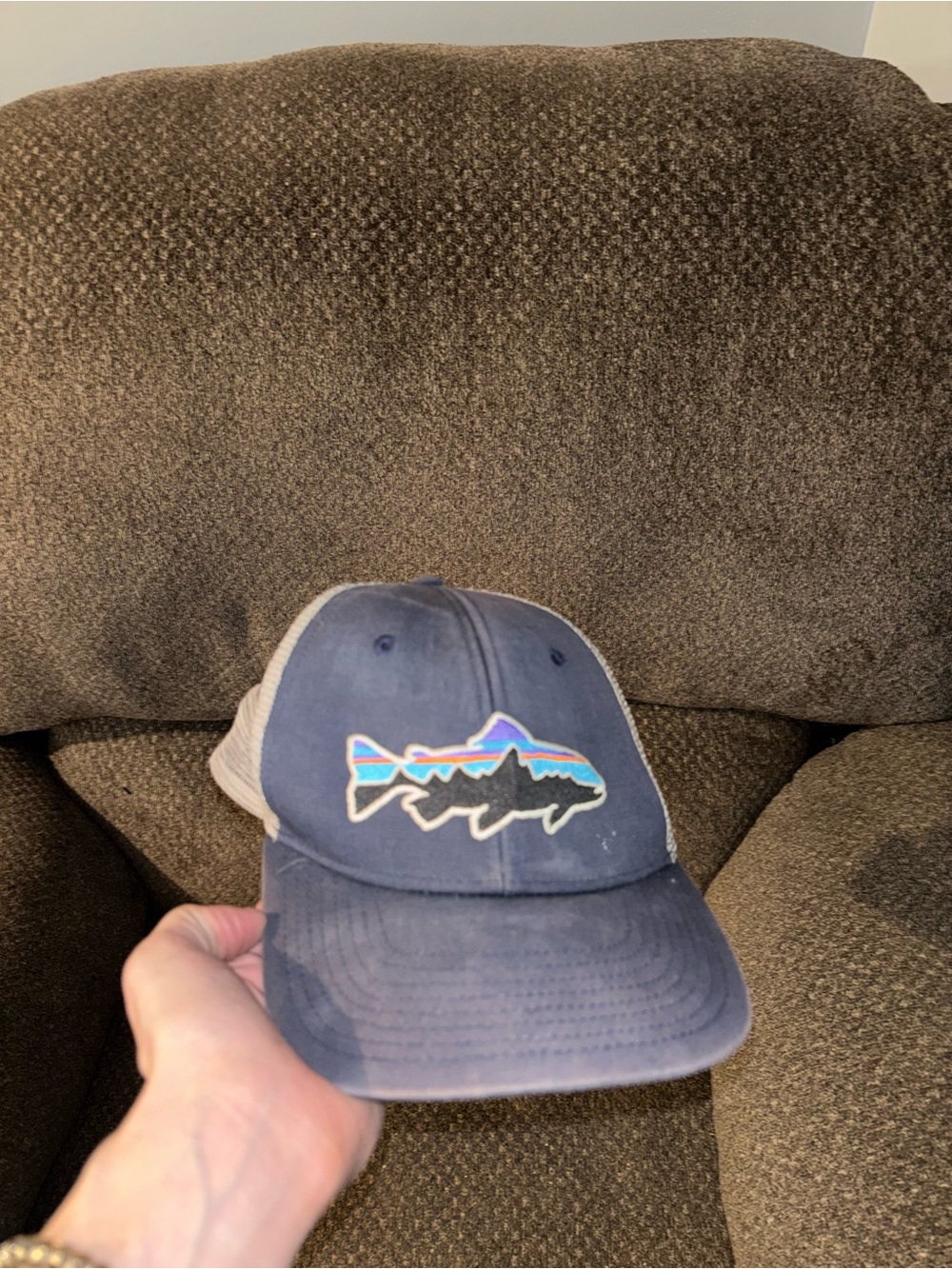Patagonia Blue Trucker Hat with Fish Patch